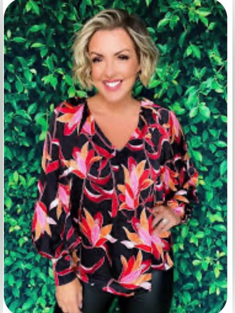 Entro Satin Floral Pleated Front Balloon Sleeve V-Neck Blouse Size M